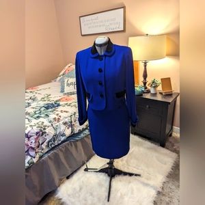 Vintage David Warren Royal Blue dress and jacket with black velvet trim